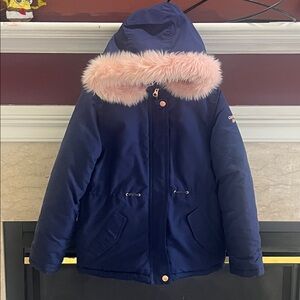 OshKosh B'gosh Girls Navy Blue Hooded Parka with Pink Fur Trim